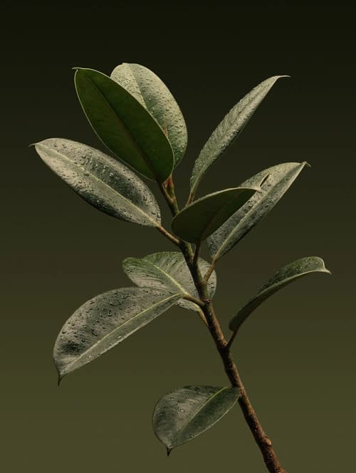 Rubber plant (Ficus elastica) with large, glossy dark-green leathery leaves as a potted houseplant